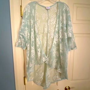 LuLaRoe EUC mint & white lace Lindsay kimono sz S